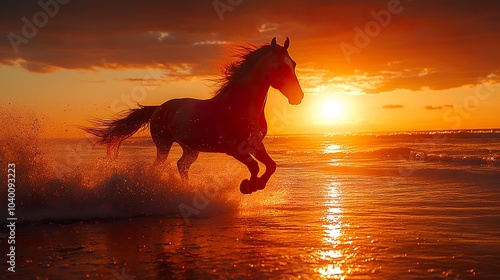 Majestic Horse Galloping on a Golden Beach at Sunset photo