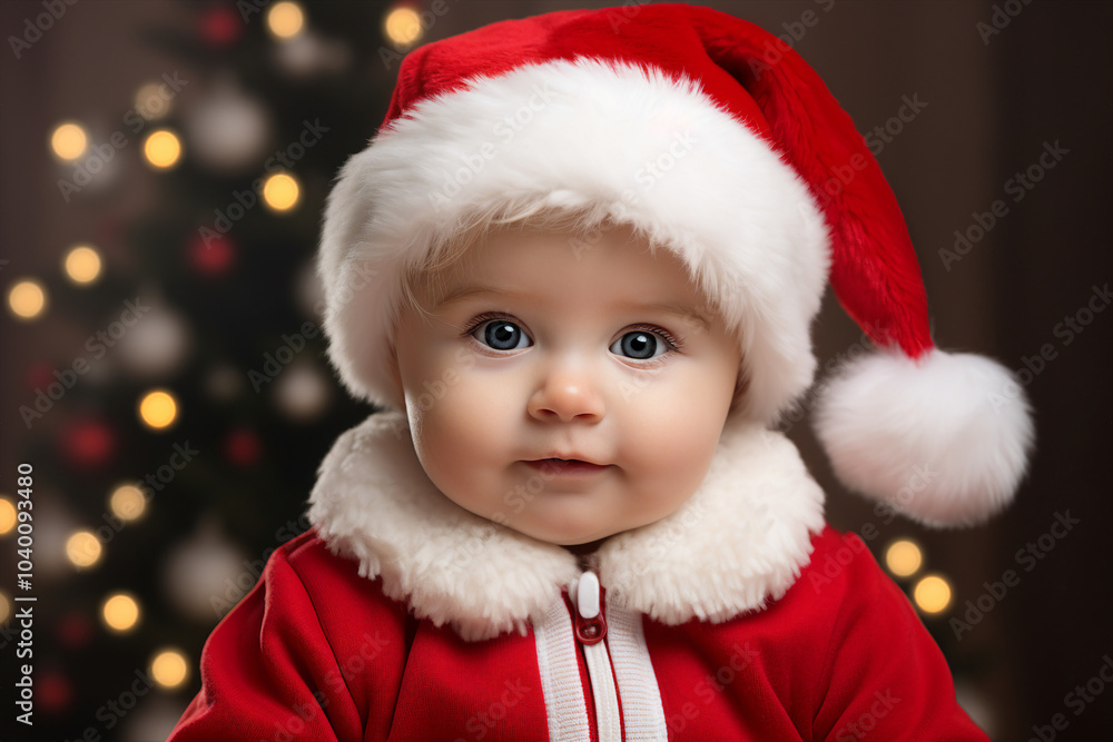 AI generated image of cute baby wearing red santa claus hat christmas tree bokeh lights dark background AI generated image of cute baby wearing red santa claus hat christmas tree bokeh lights dark background