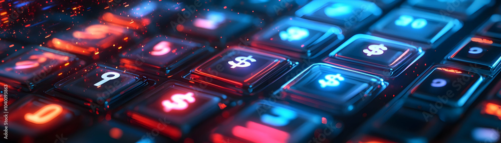 Holographic Calculator with Glowing Currency Symbols, High Resolution Glossy Display, Holographic Background, Financial Calculations, Advertising Copy Space, Photo Stock Concept Holographic Calculator with Glowing Currency Symbols, High Resolution Glossy Display, Holographic Background, Financial Calculations, Advertising Copy Space, Photo Stock Concept