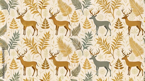 Mid century modern art with deer and leaf pattern