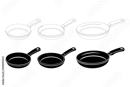 Sketch of Different Frying Pans Showcasing Varying Designs and Sizes in Black and White