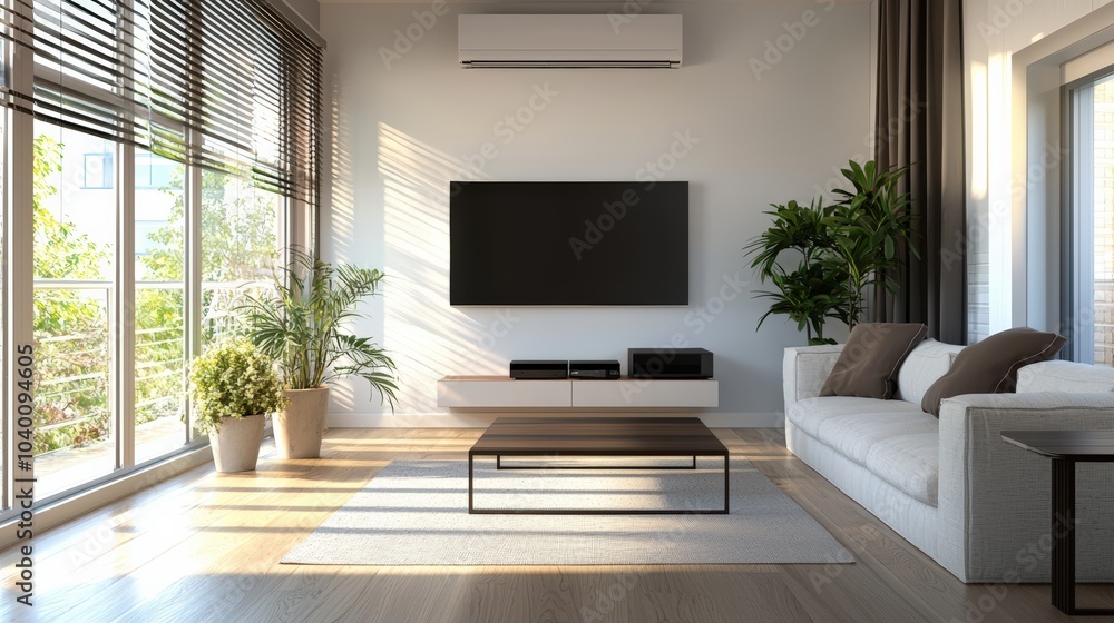 A living room with a large flat screen TV, a couch, and a coffee table A living room with a large flat screen TV, a couch, and a coffee table