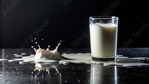 Milk spilled on black surface with selective focus from worm's eye view photo