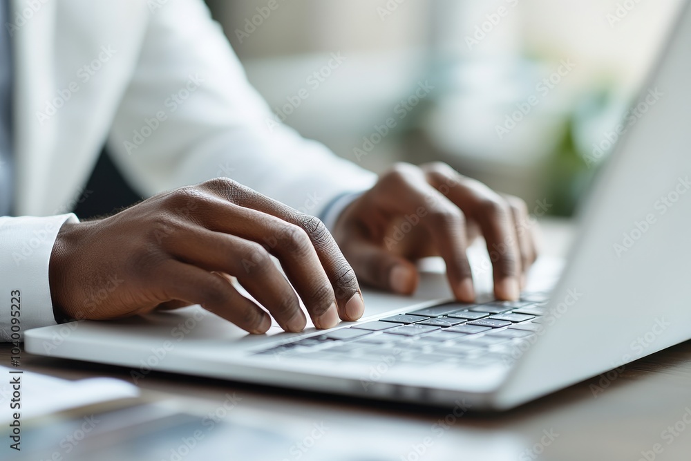 Focused Hand Typing on Laptop in Professional Workspace Focused Hand Typing on Laptop in Professional Workspace