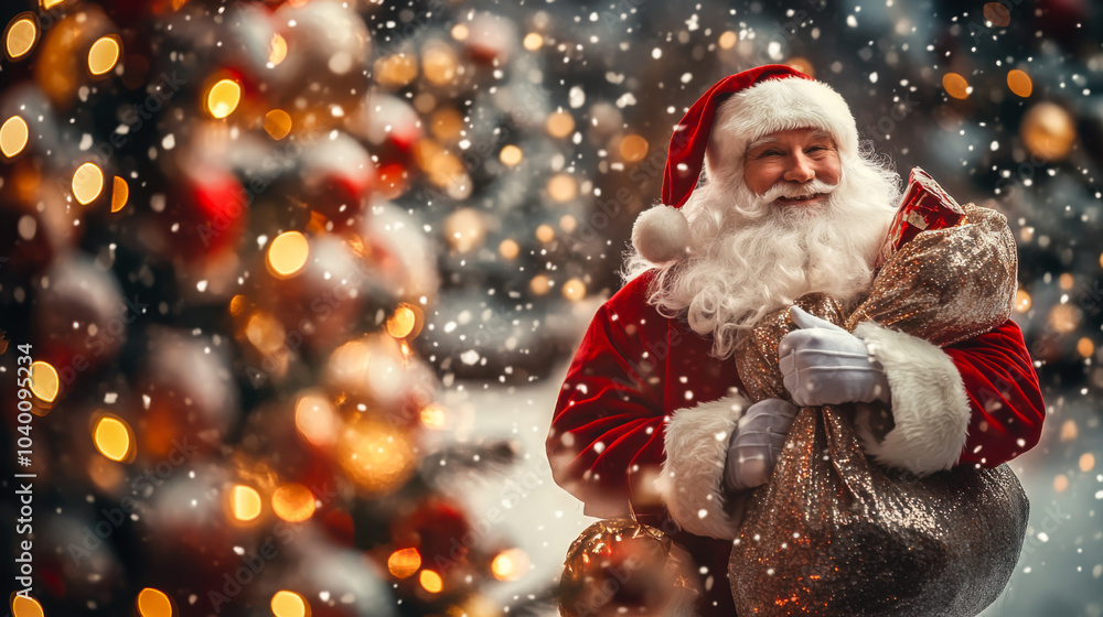 Cheerful Santa Claus with a sack of gifts in a snowy festive setting during Christmas season Cheerful Santa Claus with a sack of gifts in a snowy festive setting during Christmas season