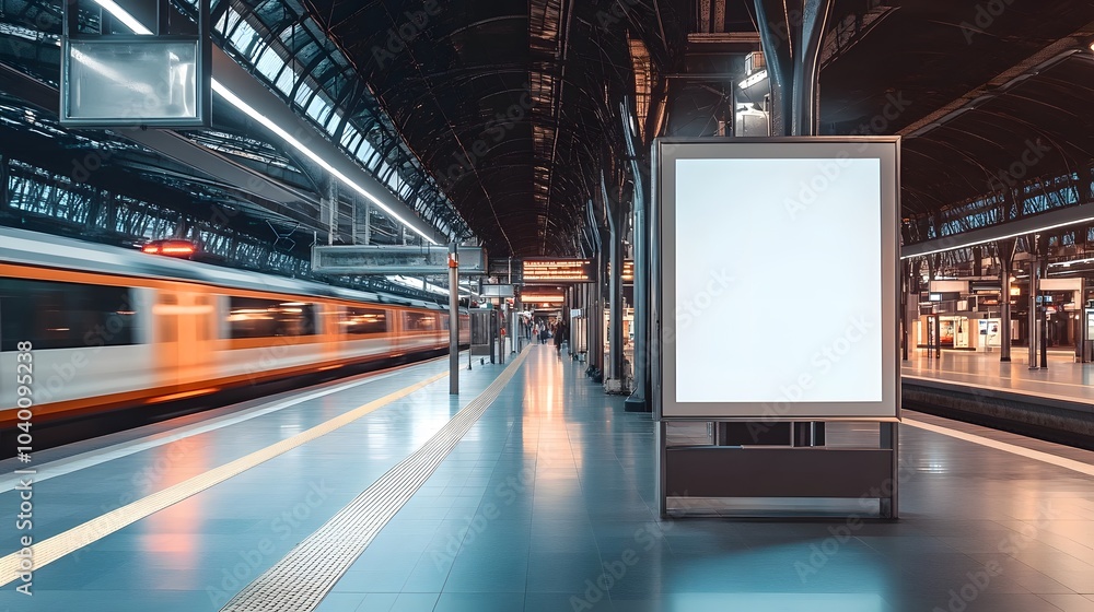Blank billboard mockup in a train station, with trains arriving and departing in the background. Blank billboard mockup in a train station, with trains arriving and departing in the background.