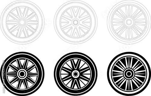 Different Designs of Wheels Displayed in a Grid Format on a White Background