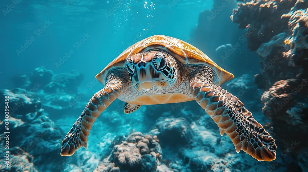 Fototapeta premium A Scuba Diver Captures a Majestic Sea Turtle on Camera