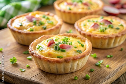 Mini ham and cheese quiches on a breakfast spread