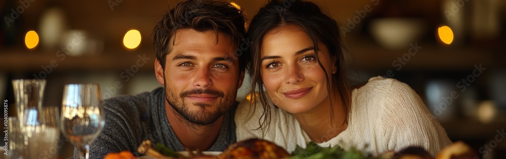 Smiling couple at Thanksgiving table, enjoying festive holiday meal together Smiling couple at Thanksgiving table, enjoying festive holiday meal together