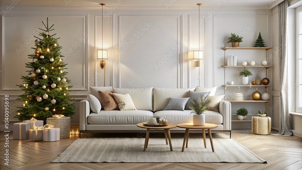 Fototapeta premium Minimalist Interior Design for New Year Celebration with White Walls and Cozy Sofa