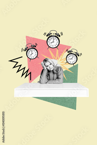 Vertical photo collage of unhappy old woman sit office table alarm bell timepiece regime expire deadline isolated on painted background photo