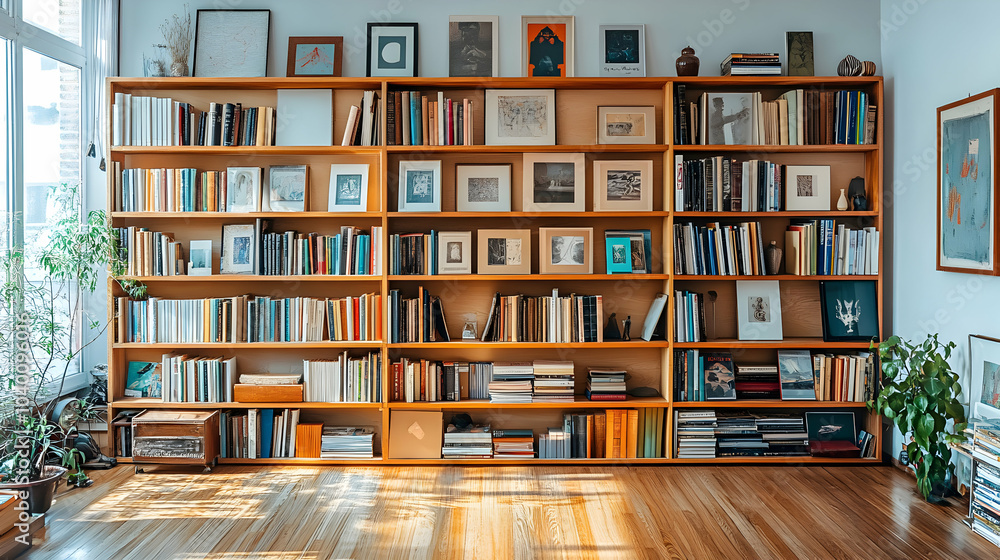 Modern Tall Wooden Bookshelf with Clean Lines and a Variety of Books Displayed in a Bright Interior Setting Modern Tall Wooden Bookshelf with Clean Lines and a Variety of Books Displayed in a Bright Interior Setting