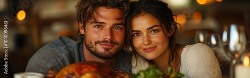 Smiling couple at Thanksgiving table, enjoying festive holiday meal together