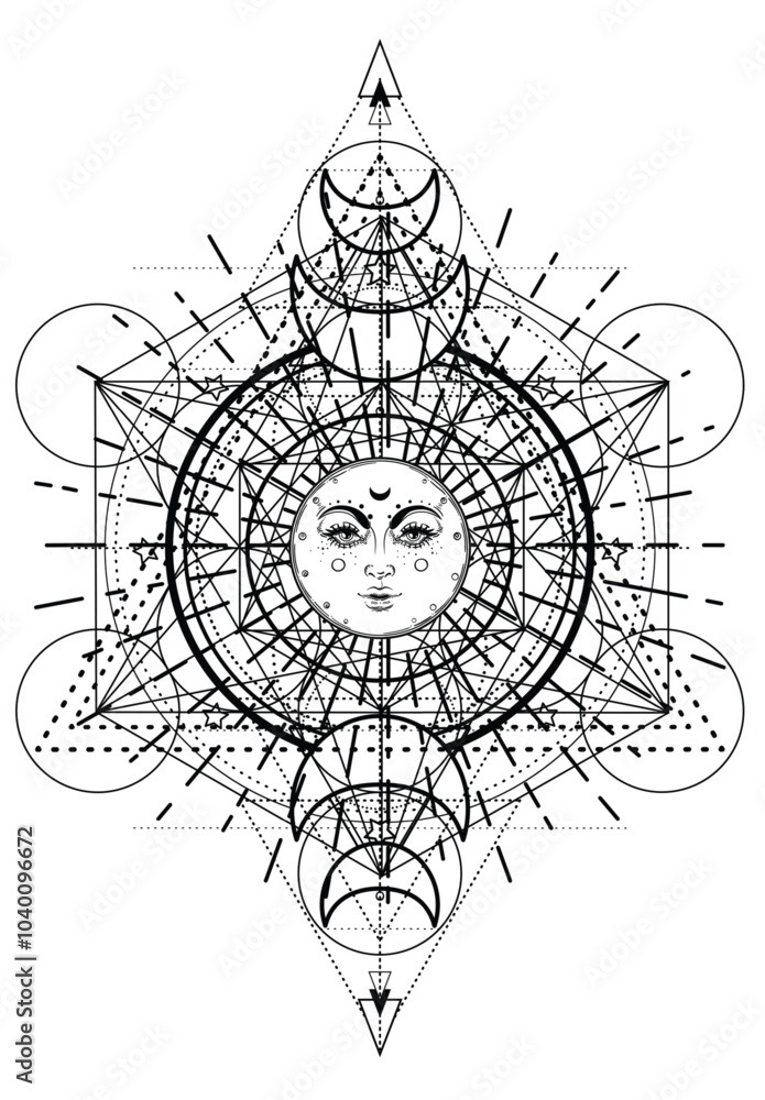 Metatron Cube. Moon pagan Wicca moon goddess symbol. Three-faced Goddess, Maiden, Mother, Crone isolated vector illustration. Tattoo, astrology, alchemy, boho and magic symbol. Coloring book. Metatron Cube. Moon pagan Wicca moon goddess symbol. Three-faced Goddess, Maiden, Mother, Crone isolated vector illustration. Tattoo, astrology, alchemy, boho and magic symbol. Coloring book.