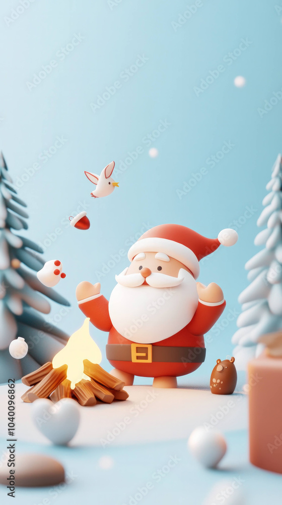 festive 3D scene featuring cheerful Santa Claus by bonfire, surrounded by playful animals and winter elements, creating joyful holiday atmosphere festive 3D scene featuring cheerful Santa Claus by bonfire, surrounded by playful animals and winter elements, creating joyful holiday atmosphere