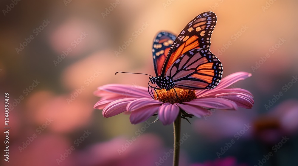 Stunning Single Butterfly Resting on a Vibrant Flower with Bright Gradient Background Ideal for Nature-Themed Designs and Illustrations Stunning Single Butterfly Resting on a Vibrant Flower with Bright Gradient Background Ideal for Nature-Themed Designs and Illustrations