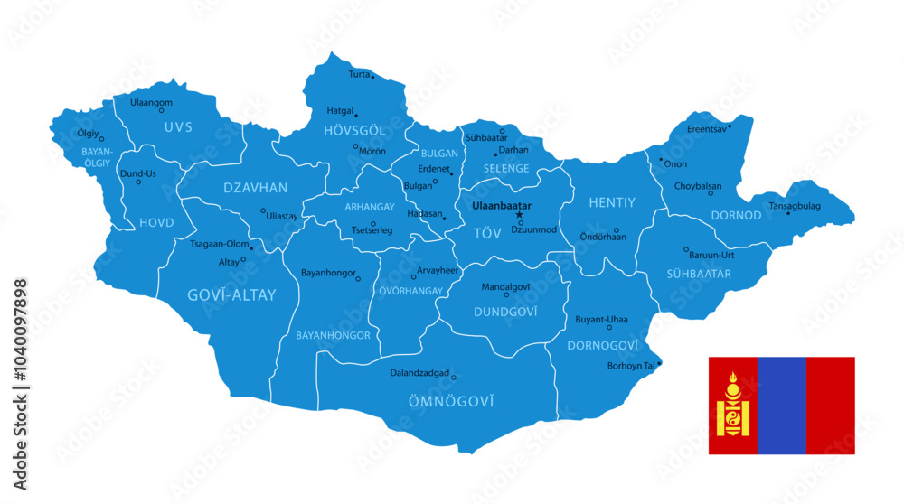 Obraz premium Mongolia - Detailed Blue Country Map with Cities and Regions. National Flag. Vector Illustration.