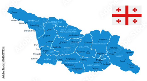 Georgia - Detailed Blue Country Map with Cities and Regions. National Flag. Vector Illustration.
