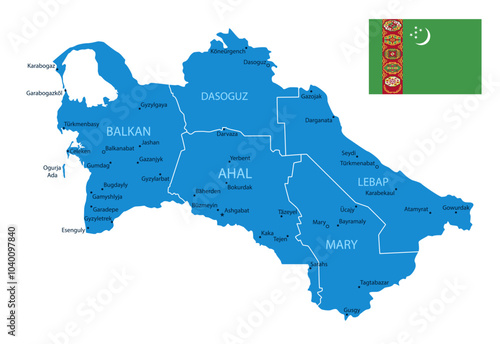 Turkmenistan - Detailed Blue Country Map with Cities and Regions. National Flag. Vector Illustration.