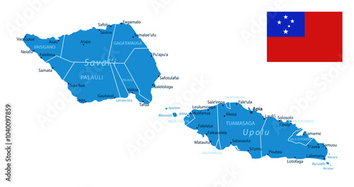 Samoa - Detailed Blue Country Map with Cities and Regions. National Flag. Vector Illustration.