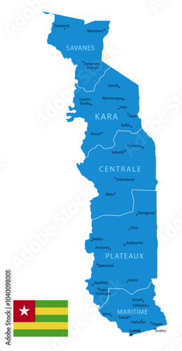 Togo - Detailed Blue Country Map with Cities and Regions. National Flag. Vector Illustration.
