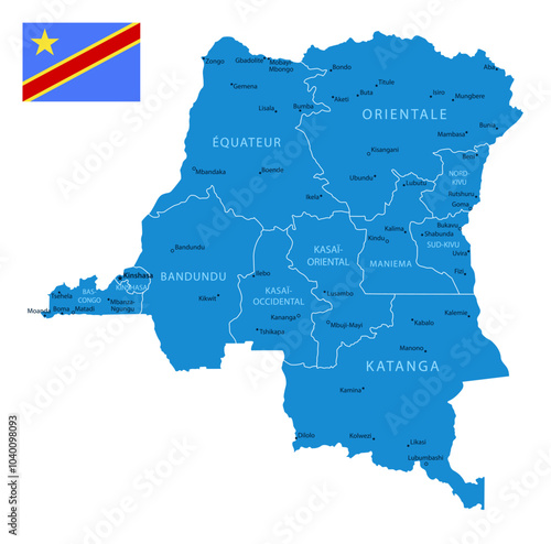 Democratic Republic of the Congo - Detailed Blue Country Map with Cities and Regions. National Flag. Vector Illustration.