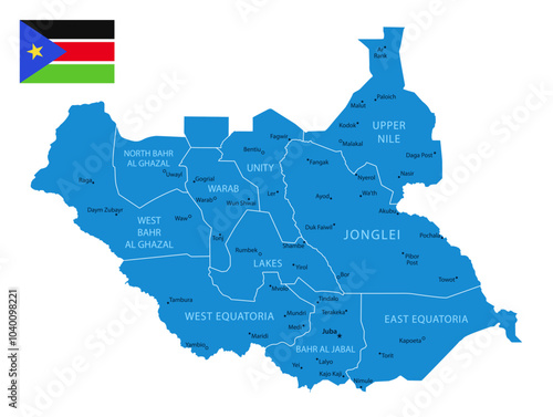 South Sudan - Detailed Blue Country Map with Cities and Regions. National Flag. Vector Illustration.