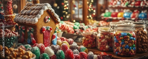 Christmas candy shop interior featuring candy-filled stockings, colorful jars of sweets, and a large gingerbread house centerpiece