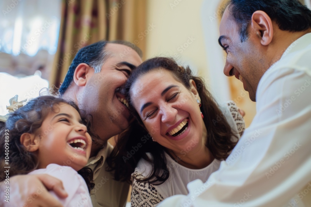 Obraz premium Cheerful Middle Eastern family of three celebrates joy and love together at home during a sunny afternoon