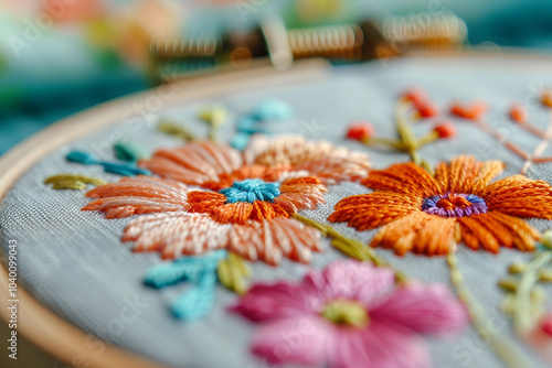 A person is skillfully embroidering a floral design on a soft blue fabric generative AI image