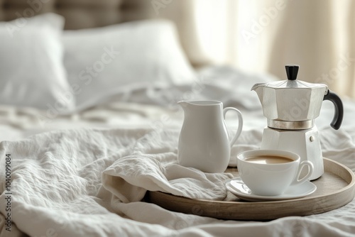 Tray with coffee pot and cup in bed 