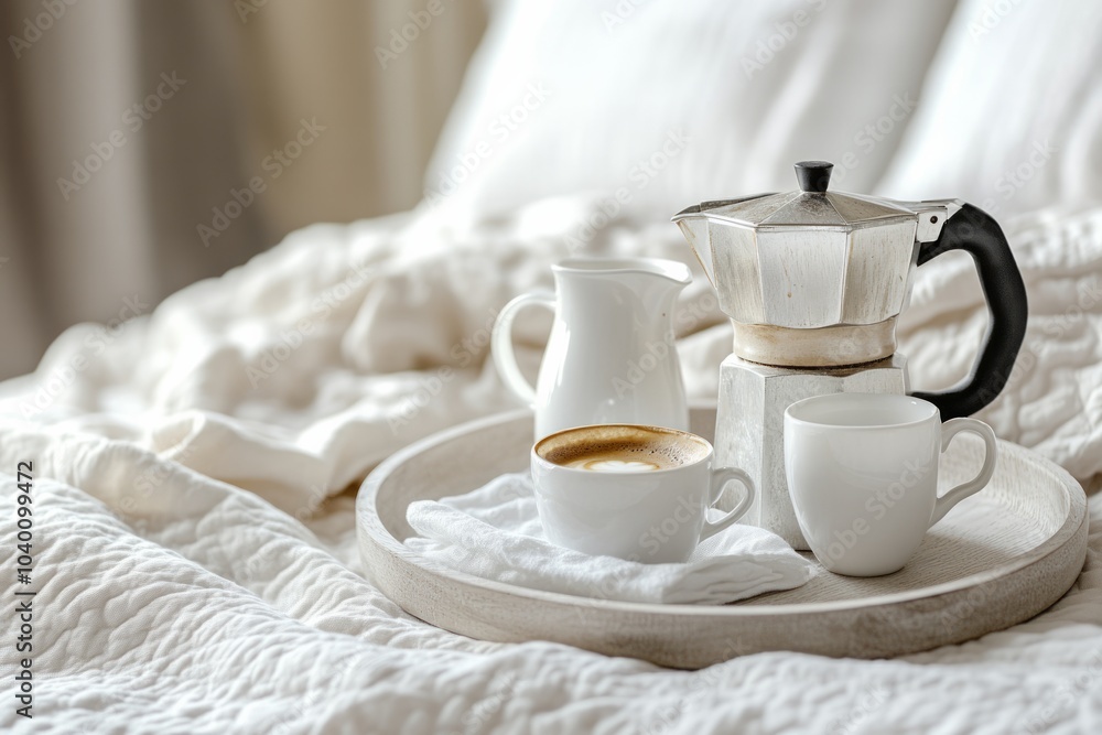 Tray with coffee pot and cup in bed
Tray with coffee pot and cup in bed