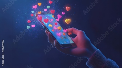 A hand holding a smartphone with various social media reaction icons like likes and hearts emerging from the screen photo