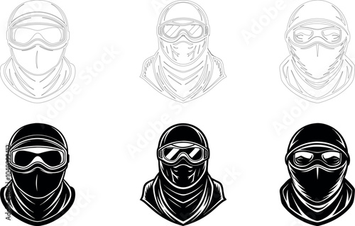 Stylized Illustrations of Masked Individuals in Black and White With Goggles and Headwear