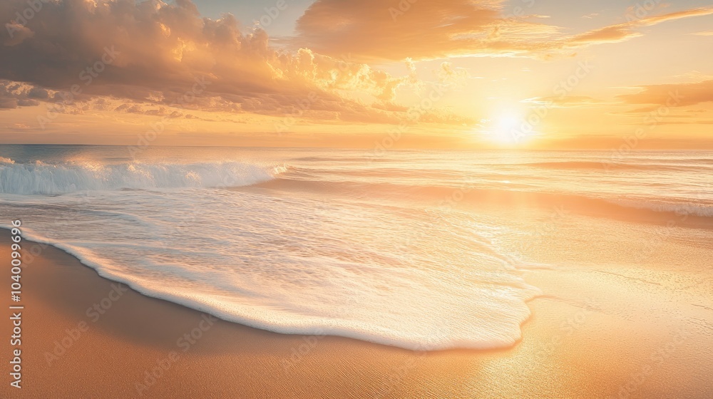 Radiant beach at sunset with soft waves and a golden sky, capturing the tranquility of the day's end Radiant beach at sunset with soft waves and a golden sky, capturing the tranquility of the day's end