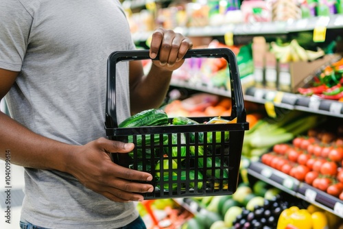 Handsome man shopping for fresh vegetables with a market basket in a vibrant supermarket during daylight hours