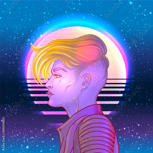 Portrait of a young pretty androgynous woman with short shaved pixie undercut in retro futurism style. Vector illustration in neon bright colors. Blue short hair. futuristic synth wave flyer template