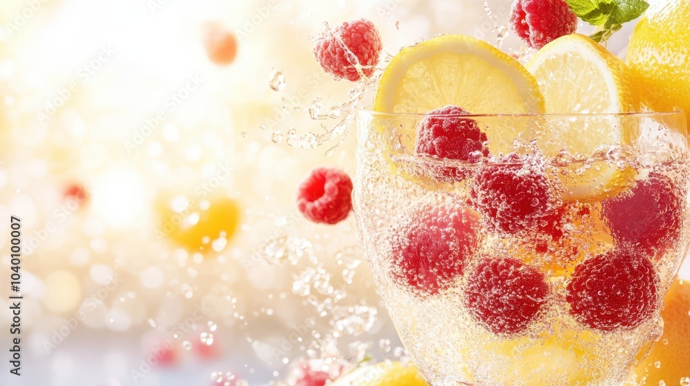 Refreshing sparkling drink with lemon and raspberries, bubbles, festive celebration. Refreshing sparkling drink with lemon and raspberries, bubbles, festive celebration.