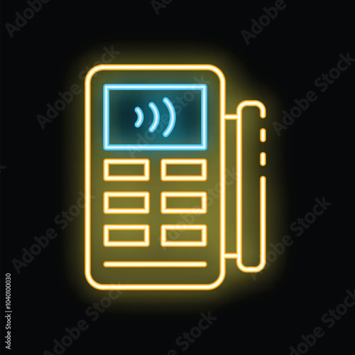 Glowing neon icon of a pos terminal accepting a contactless payment