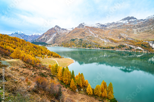 Upper Engadine, Lake Sils, and the village of Isola, photographed from above in autumn. photo