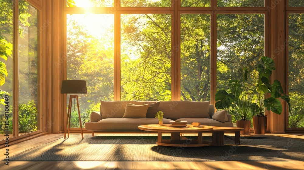 A living room with a large window that lets in sunlight A living room with a large window that lets in sunlight