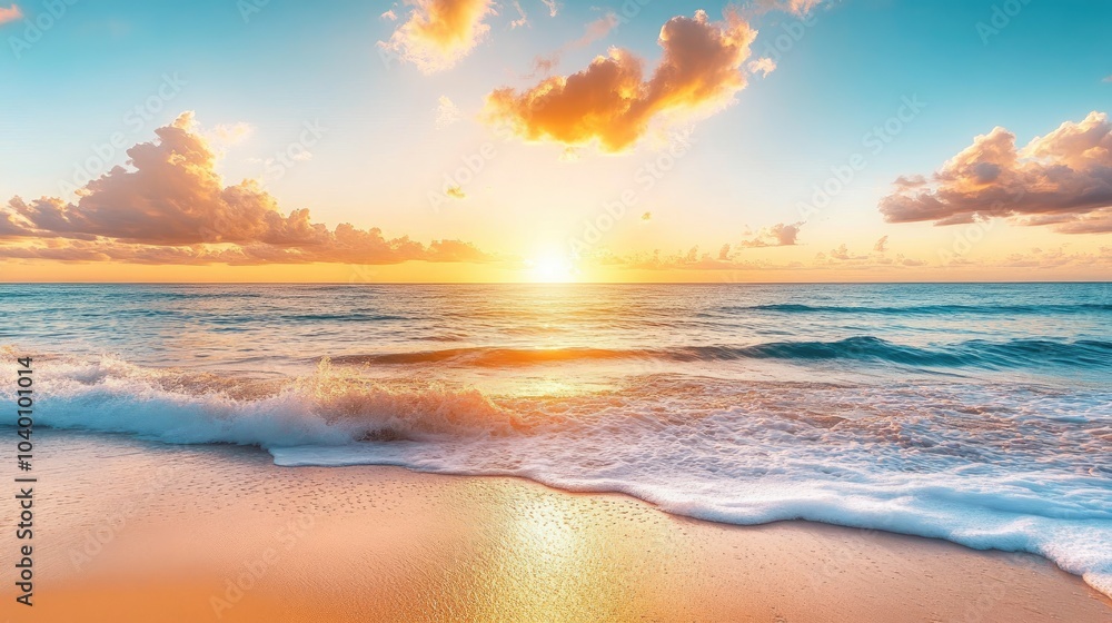 Peaceful golden hour beach with radiant sun setting on the horizon, gentle waves and warm, calming light Peaceful golden hour beach with radiant sun setting on the horizon, gentle waves and warm, calming light
