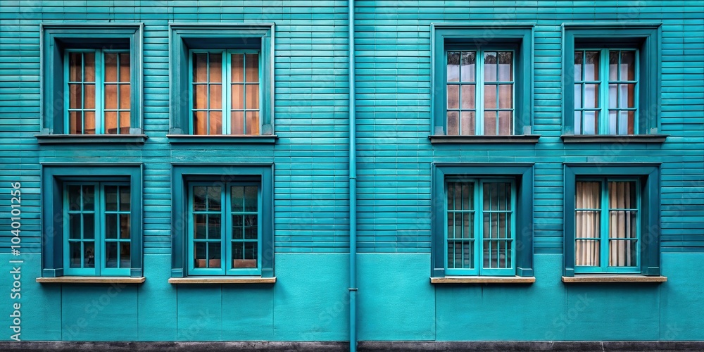 Minimalist blue teal wall with wooden windows on street at tilted angle Minimalist blue teal wall with wooden windows on street at tilted angle
