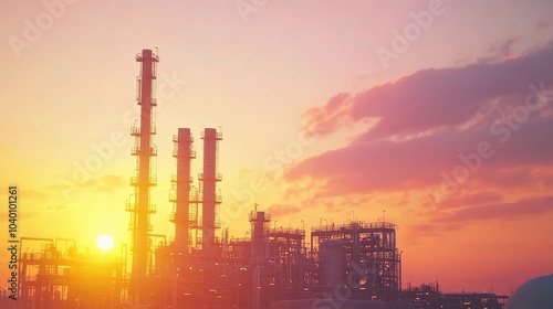 Industrial Landscape at Sunset with Silhouetted Structures