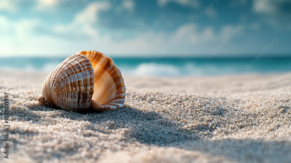 A beautiful single seashell resting on pristine white sand by the beach, capturing the essence of a serene and tranquil coastal scene perfect for nature and travel enthusiasts. A beautiful single seashell resting on pristine white sand by the beach, capturing the essence of a serene and tranquil coastal scene perfect for nature and travel enthusiasts.