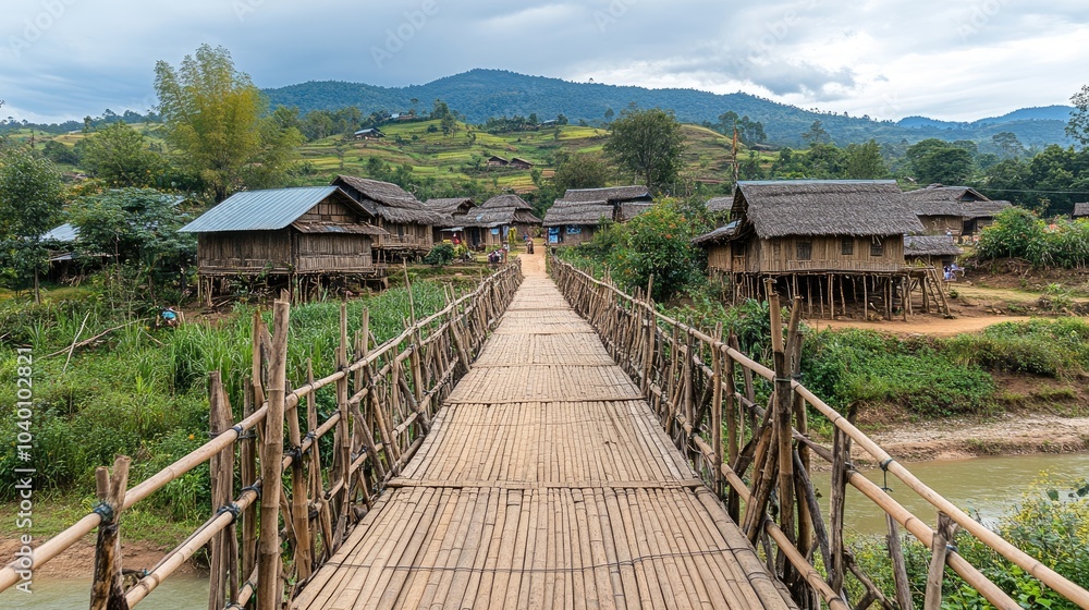 Bamboo Bridge Over River in Scenic Village Landscape Bamboo Bridge Over River in Scenic Village Landscape
