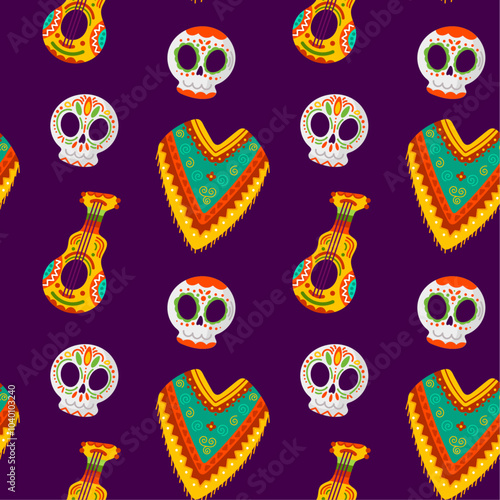 Seamless pattern with traditional mexican sugar skulls. Vector illustration.