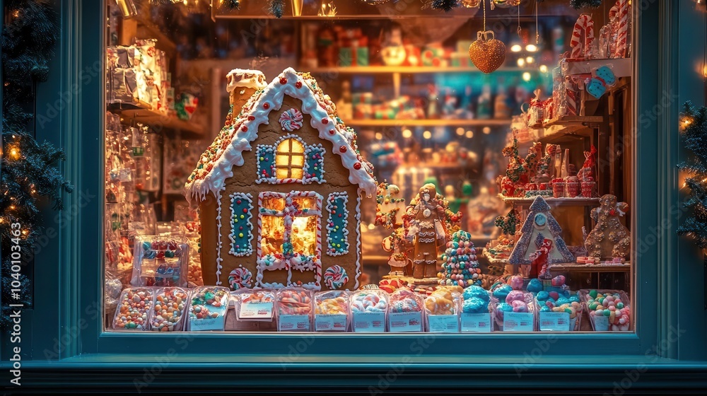 Fototapeta premium Magical Christmas candy shop with a giant gingerbread house in the window, colorful candy displays, and festive holiday lights