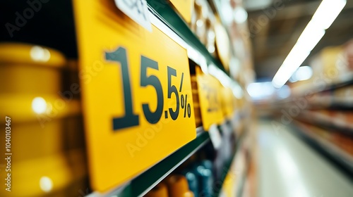 A close-up of discount percentage signs on shelves in a grocery store photo